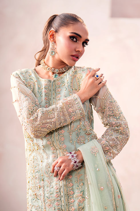 Detailed shot of Naqshi Parsa shirt back featuring heavy thread and sequin embroidery spread that echoes front motifs.